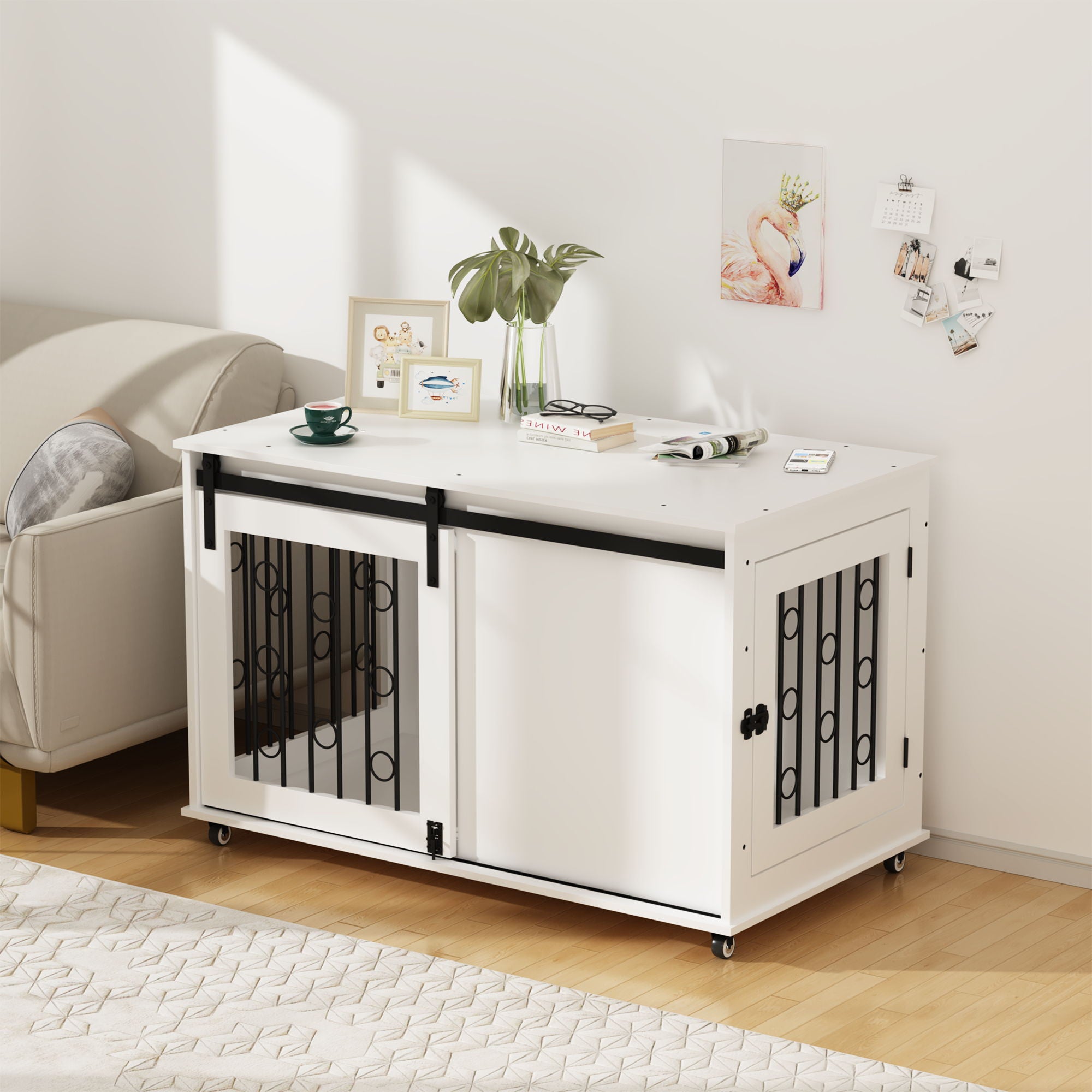 Dog Crate With Sliding Barn Door And Side Access, Lockable Wheels For Small To Medium Dogs - White