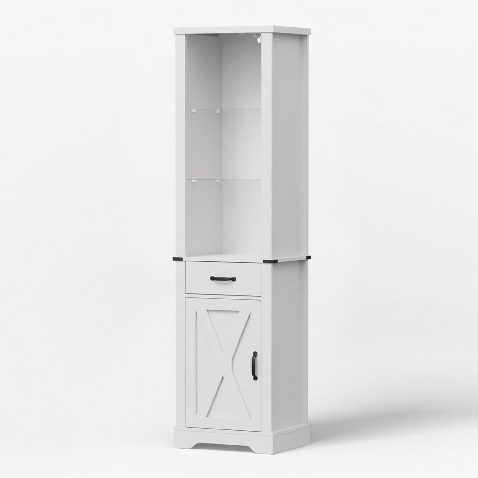 Pantry Cabinet With LED Lights And Barn Door With Tempered Glass Shelves - White