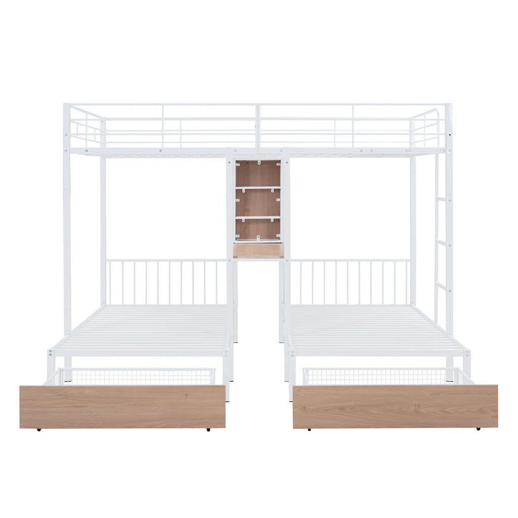 Triple Bunk Bed With Drawers, Multi-Functional Frame With Desks And Shelves In The Middle