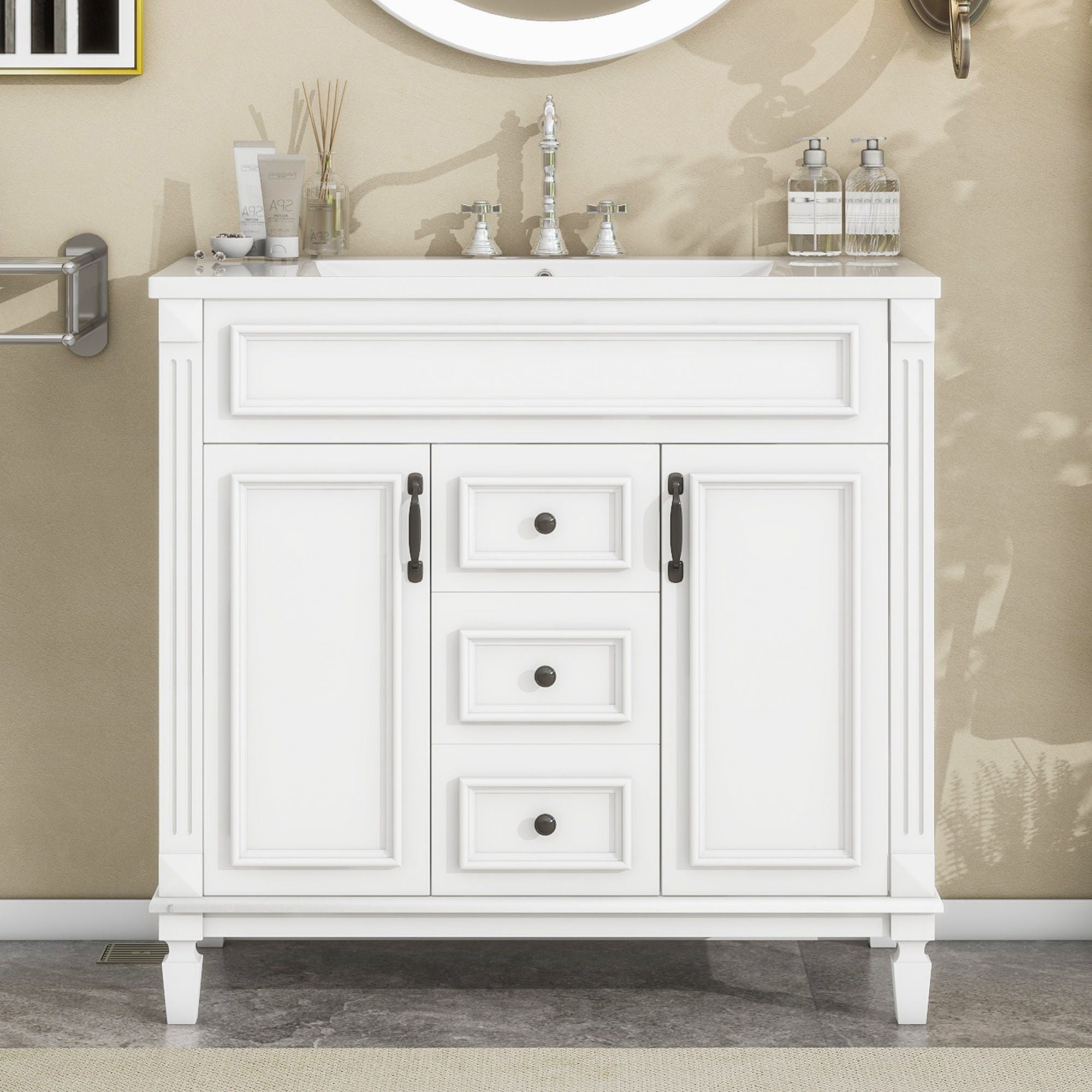 Bathroom Vanity With Top Sink, Basin On Cabinet With 2 Soft Closing Doors And 2 Drawers