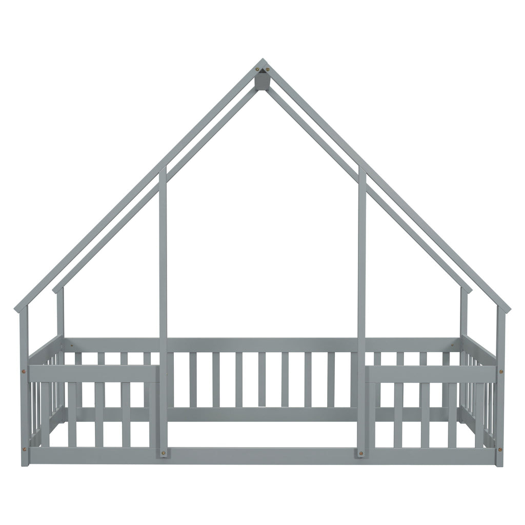Wood House-Shaped Floor Bed With Fence, Guardrails