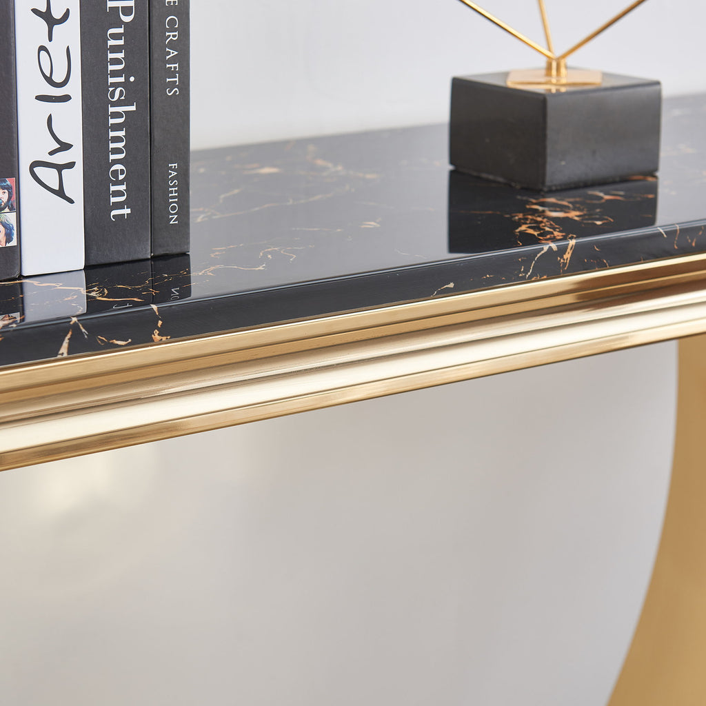 Modern Rectangular Marble Printing Console Table, U Shape Stainless Steel Base - Black