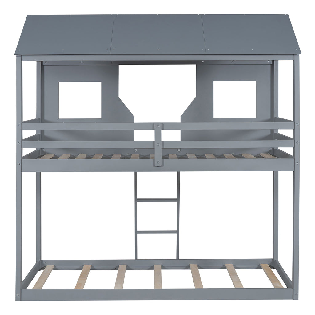 Twin Over Twin Bunk Bed With Roof, Window, Guardrail, Ladder