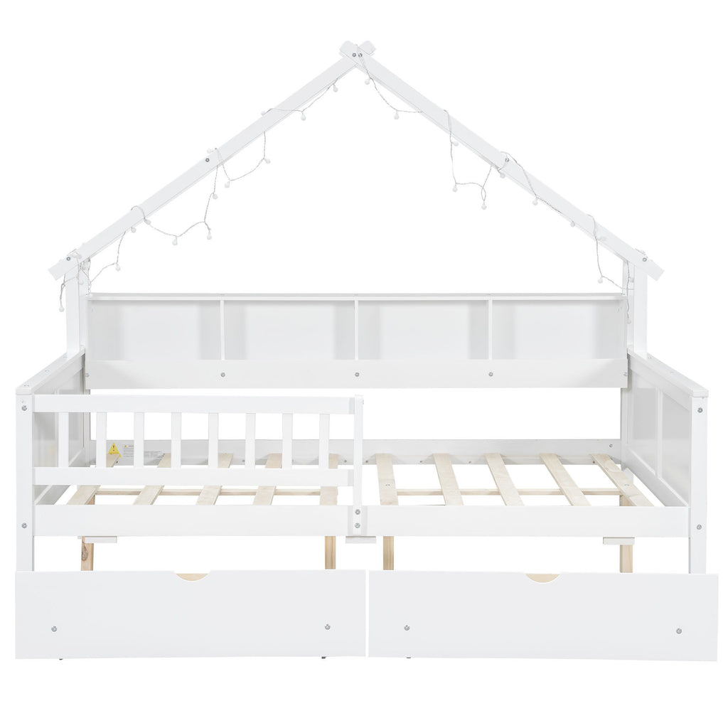 House Style Platform Bed With LED Lights, Storage Shelves, Drawers, And Guardrail