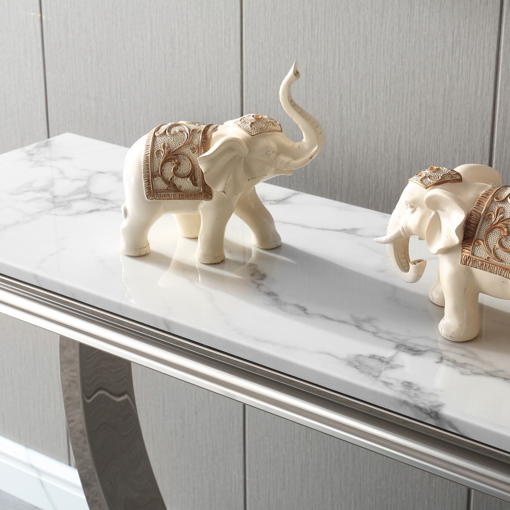 Modern Rectangular Marble Printing Console Table, U Shape Stainless Steel Base With Mirrored Finish