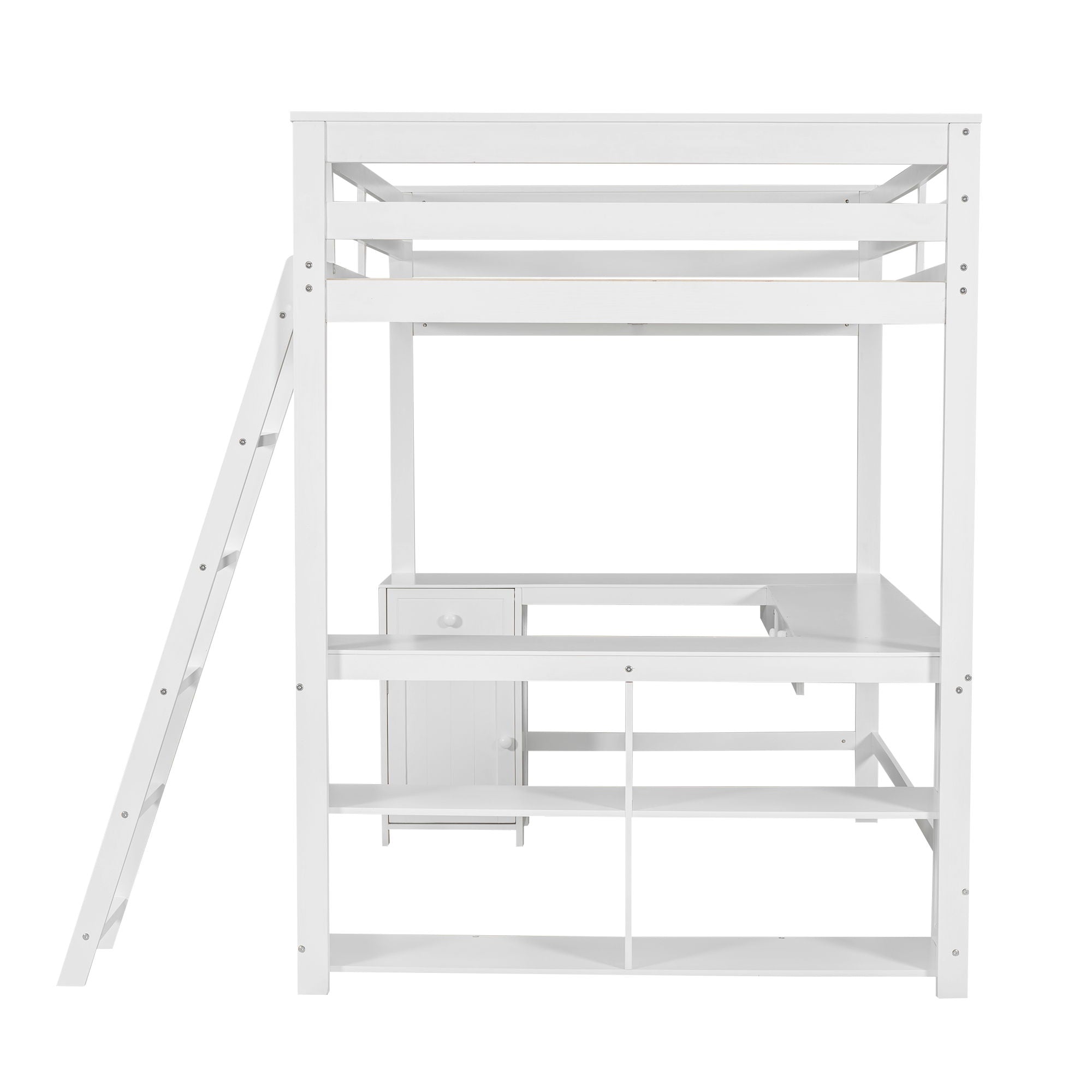Loft Bed With U Shaped Desk, Drawers, And Storage Shelves