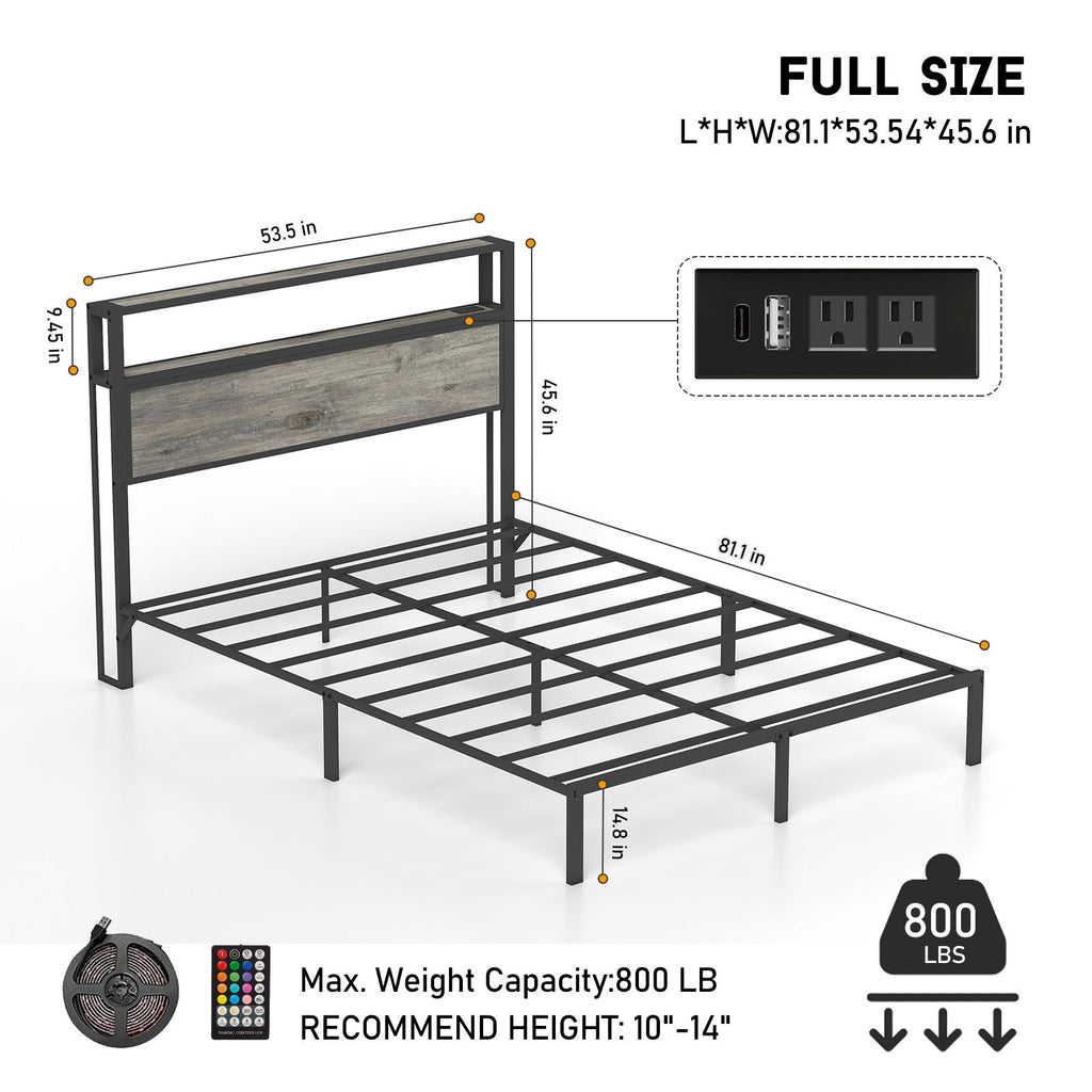 Bed Frame With Headboard, LED Lights & Charging Station