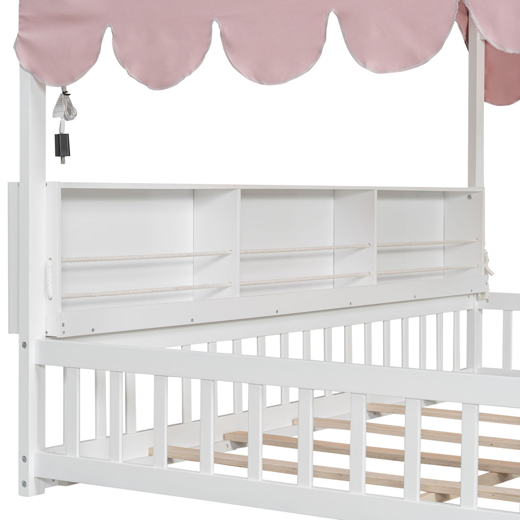 House Shaped Floor Bed With Fense, 3 Storage Bookshelves, Curtain And LED Light