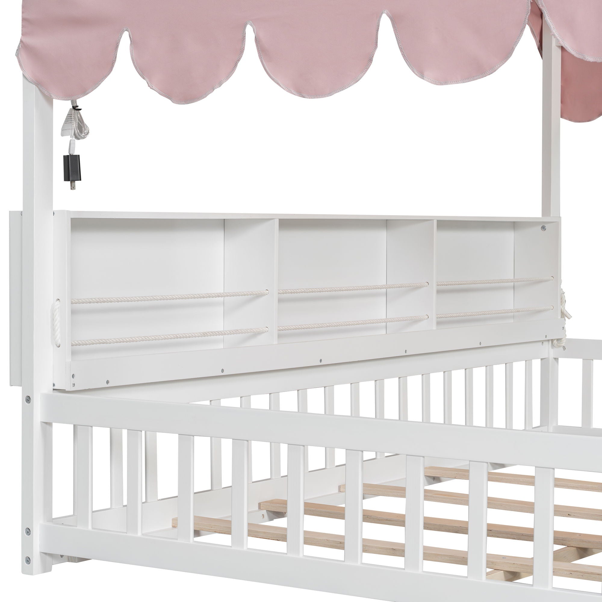 House Shaped Floor Bed With Fense, 3 Storage Bookshelves, Curtain And LED Light