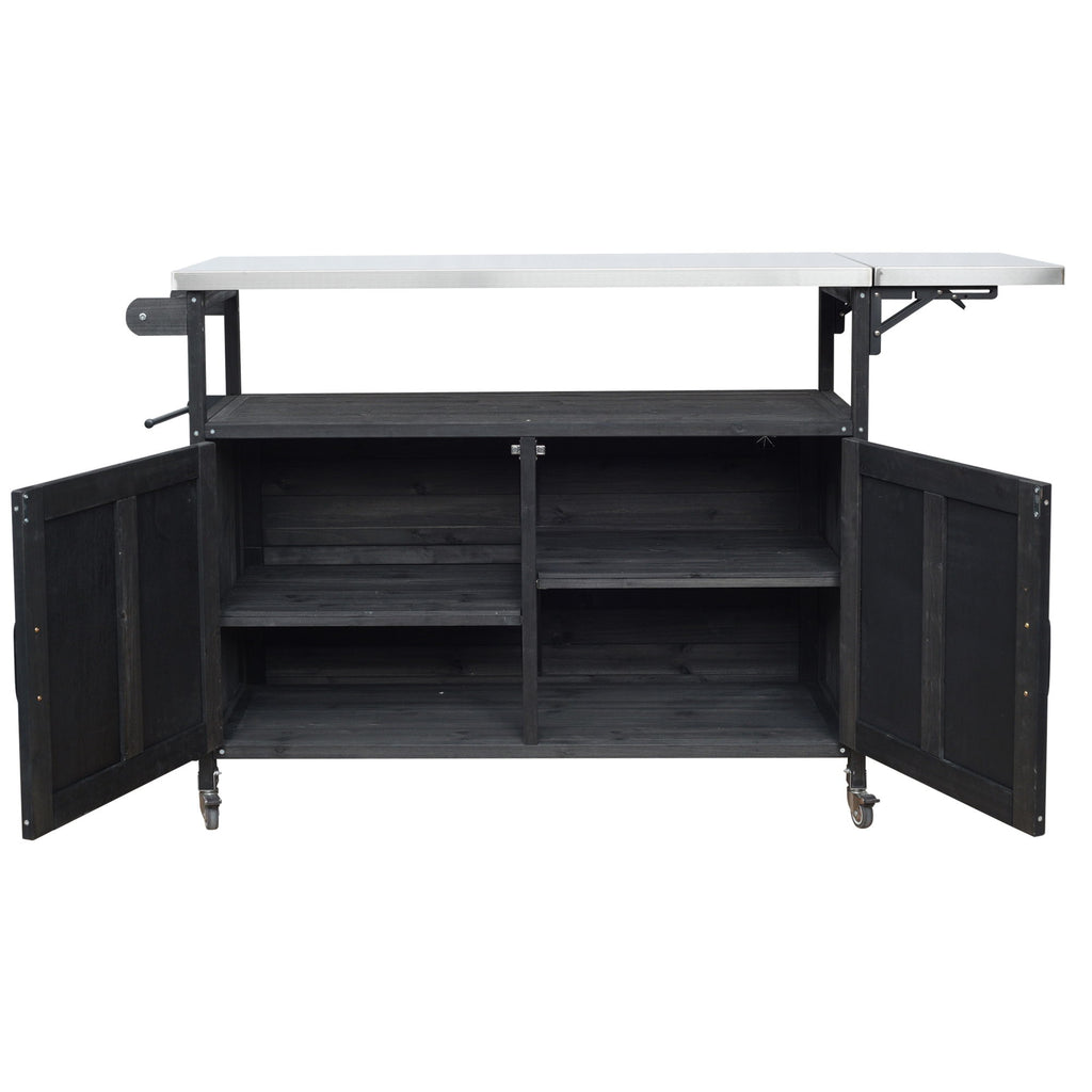 Foldable Outdoor Kitchen Island With Lockable Wheels, Storage Cabinet And Towel Rack For Patio