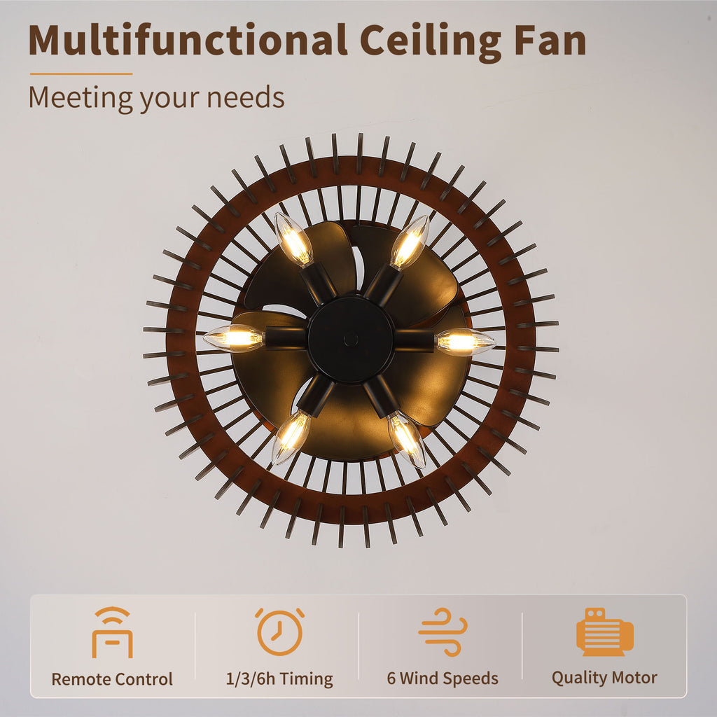 Pumpkin Ceiling Fan, Fandelier With 6 E12 Sockets, Reversible DC Motor, Adjustable Hanging, 6 Speeds Remote Control - Black