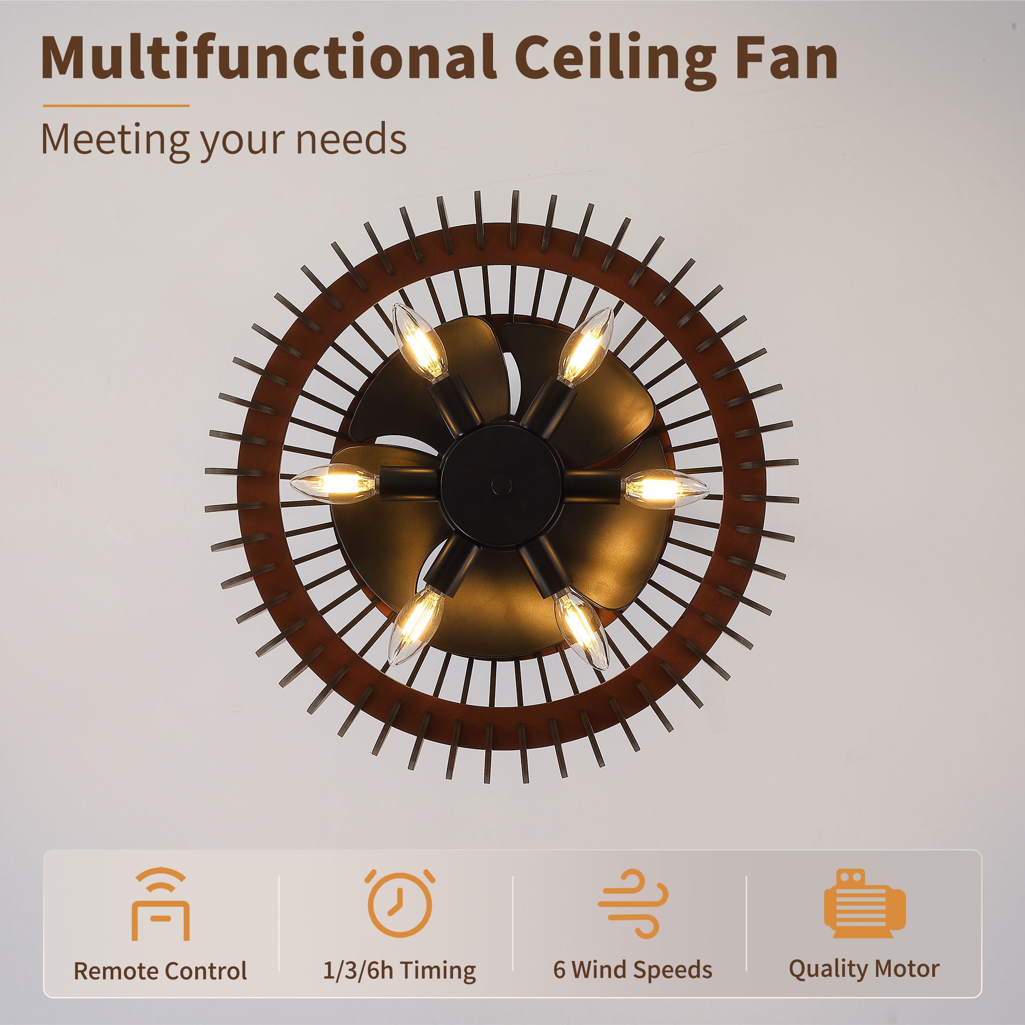 Pumpkin Ceiling Fan, Fandelier With 6 E12 Sockets, Reversible DC Motor, Adjustable Hanging, 6 Speeds Remote Control - Black