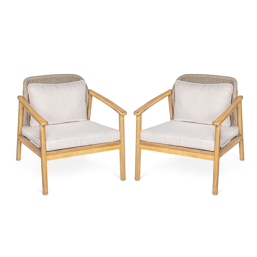 2 Piece Outdoor Acacia Wood Patio Club Chair, Patio Furniture Arm Chair With Woven Rope Backrest, Deep Seating For Porch - Light Teak / Beige