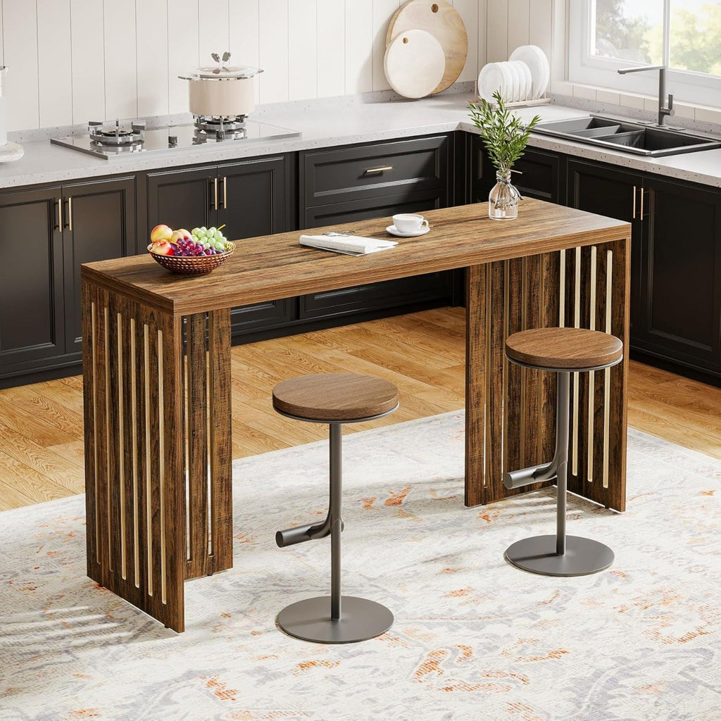 Narrow Counter Height Pub Table With Louvered Base For Kitchen - Rustic Brown