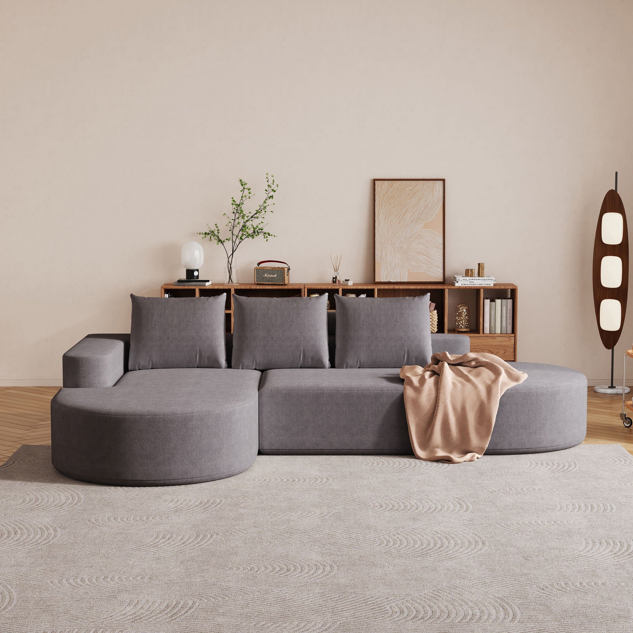 Modern Curved Sofa, L-Shaped Modular Sectional Set With 3 Pillows