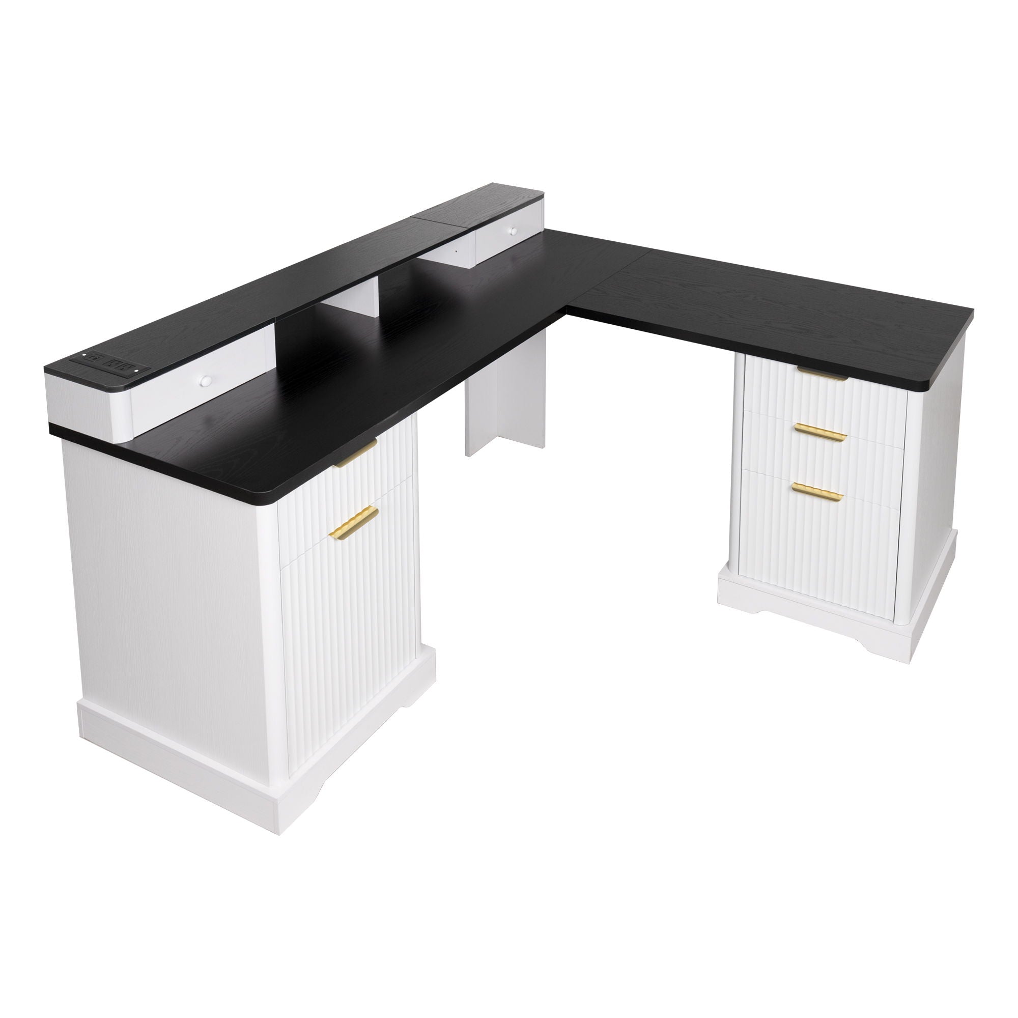 Fluted L-Shaped Desk With Charging Station & Storage Cabinet