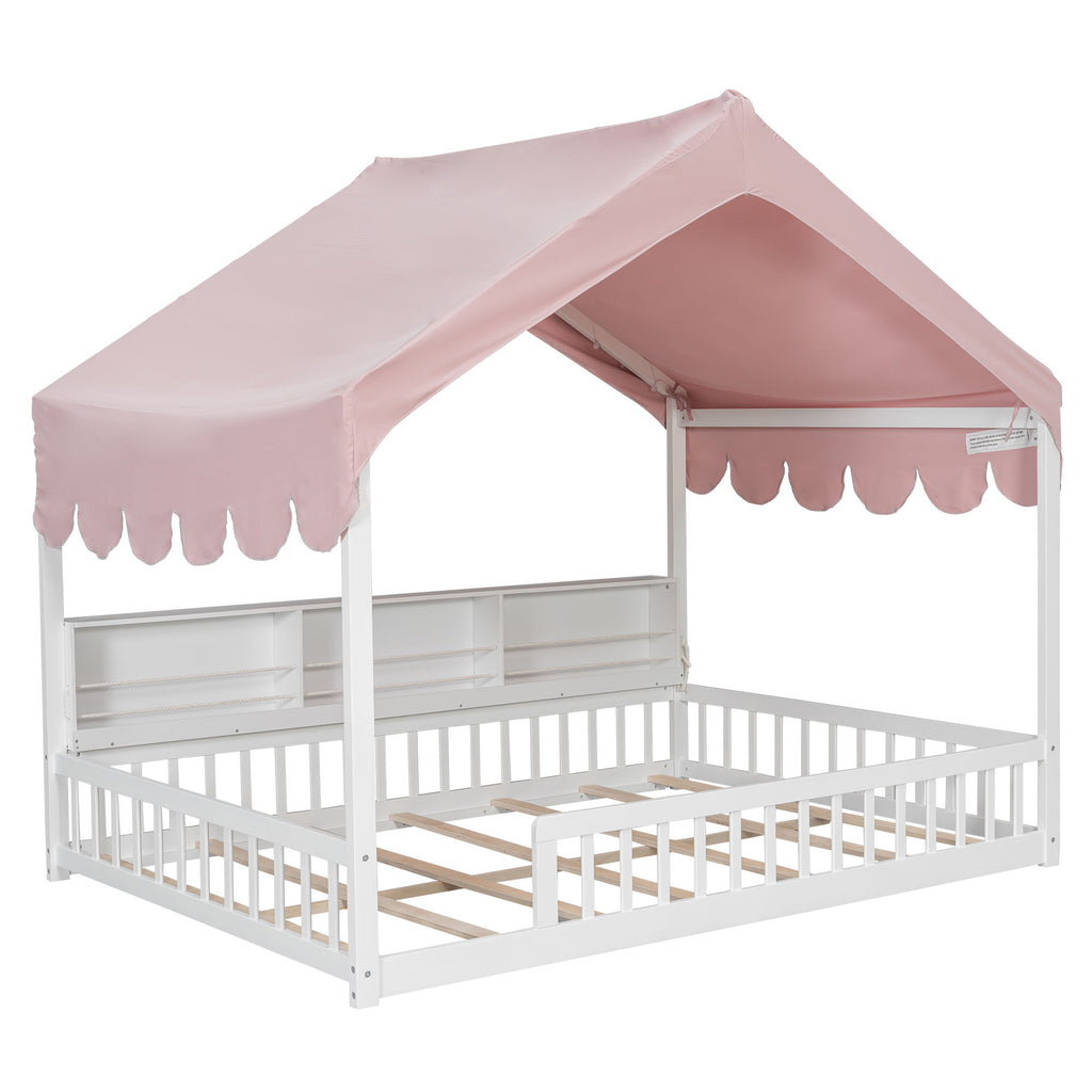 House Shaped Floor Bed With Fense, 3 Storage Bookshelves, Curtain And LED Light