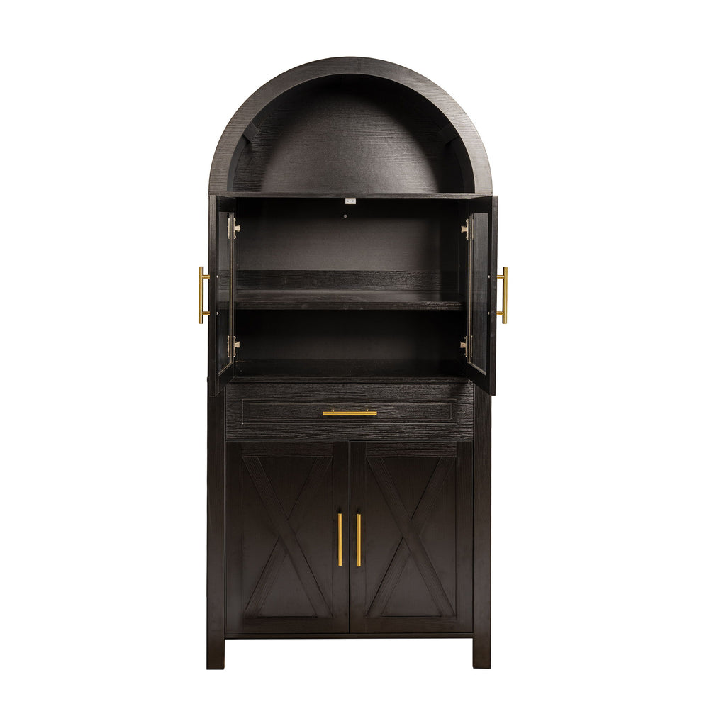 Arched Kitchen Pantry Cabinet With Adjustable Shelves & Barn Door Design
