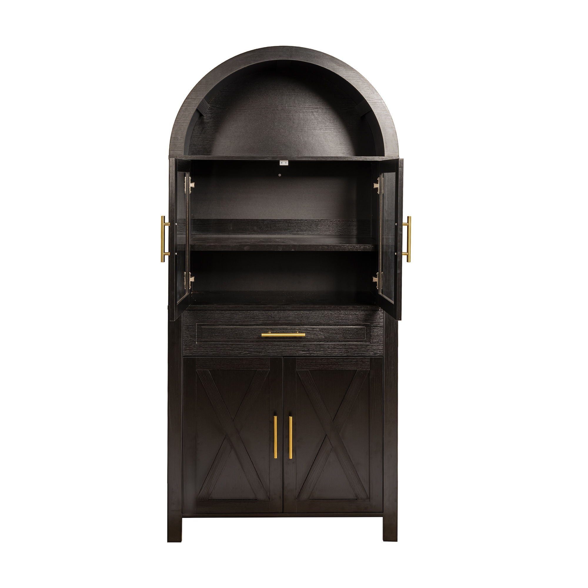 Arched Kitchen Pantry Cabinet With Adjustable Shelves & Barn Door Design
