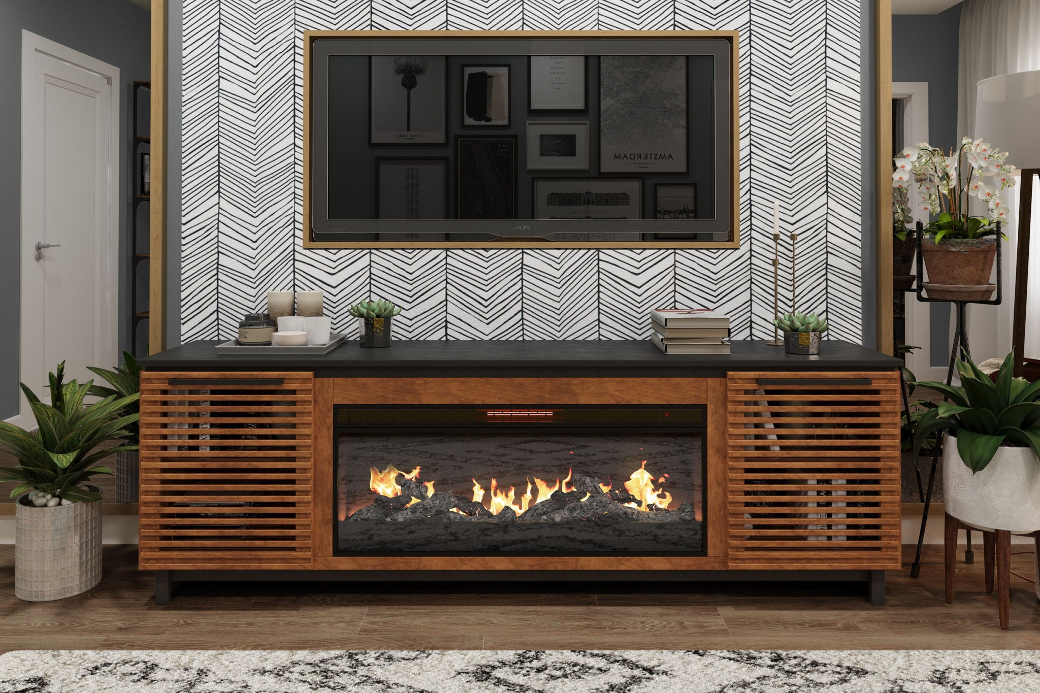 Fireplace TV Stand Console For TVs Up To 100" - Black / Bourbon