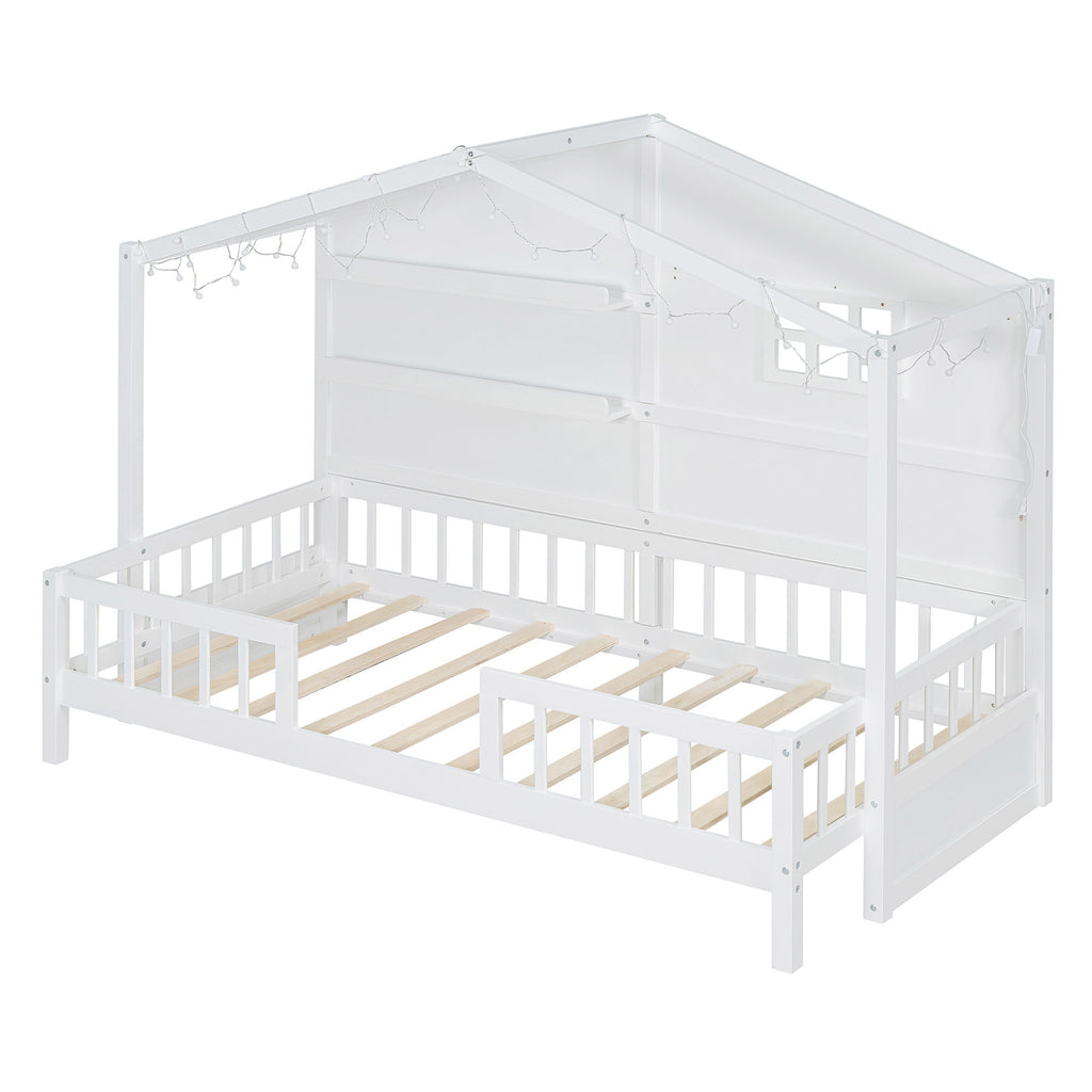 House Bed With Shelves, Window And Sparkling Light Strip On The Roof
