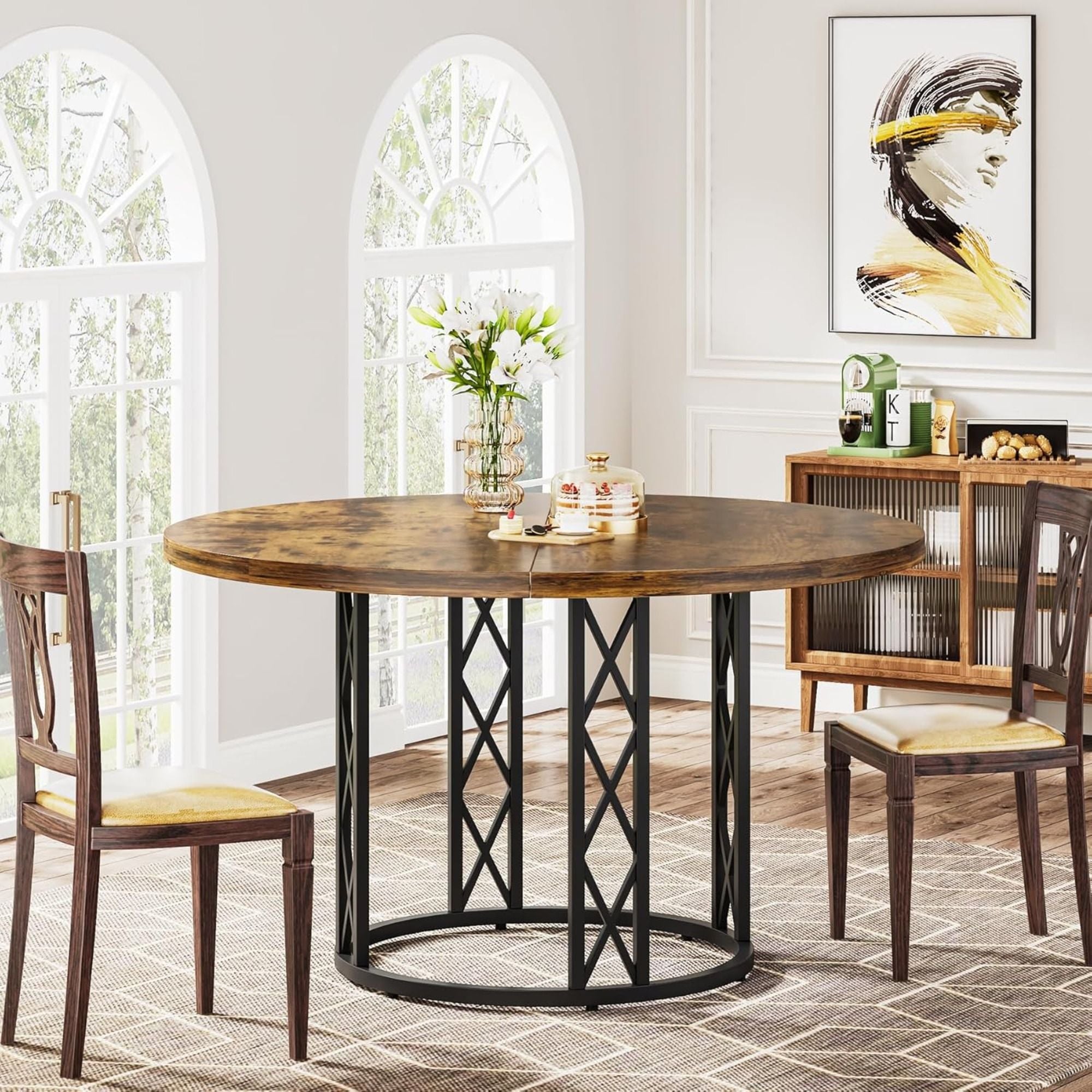 Round Dining Table With Circle Base - Brown / Black