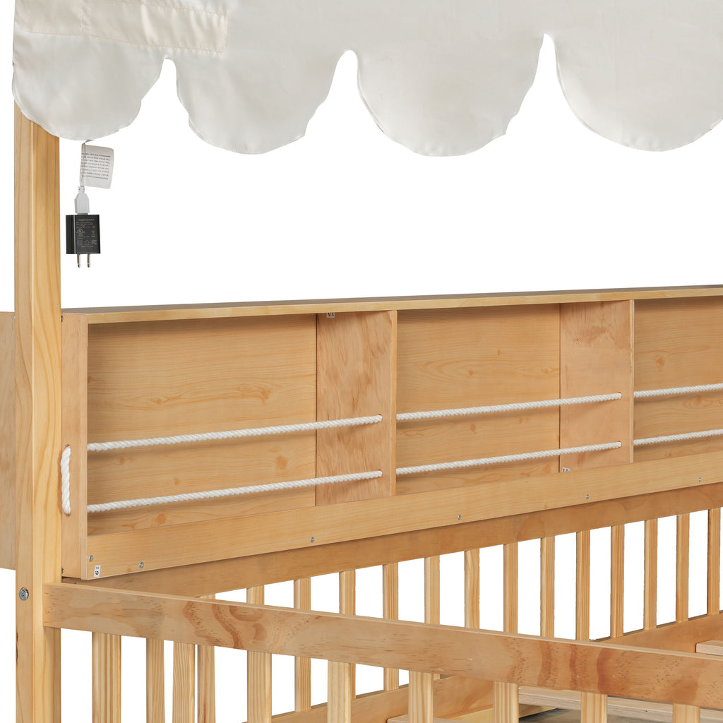 House Shaped Floor Bed With Fense, 3 Storage Bookshelves, Curtain And LED Light
