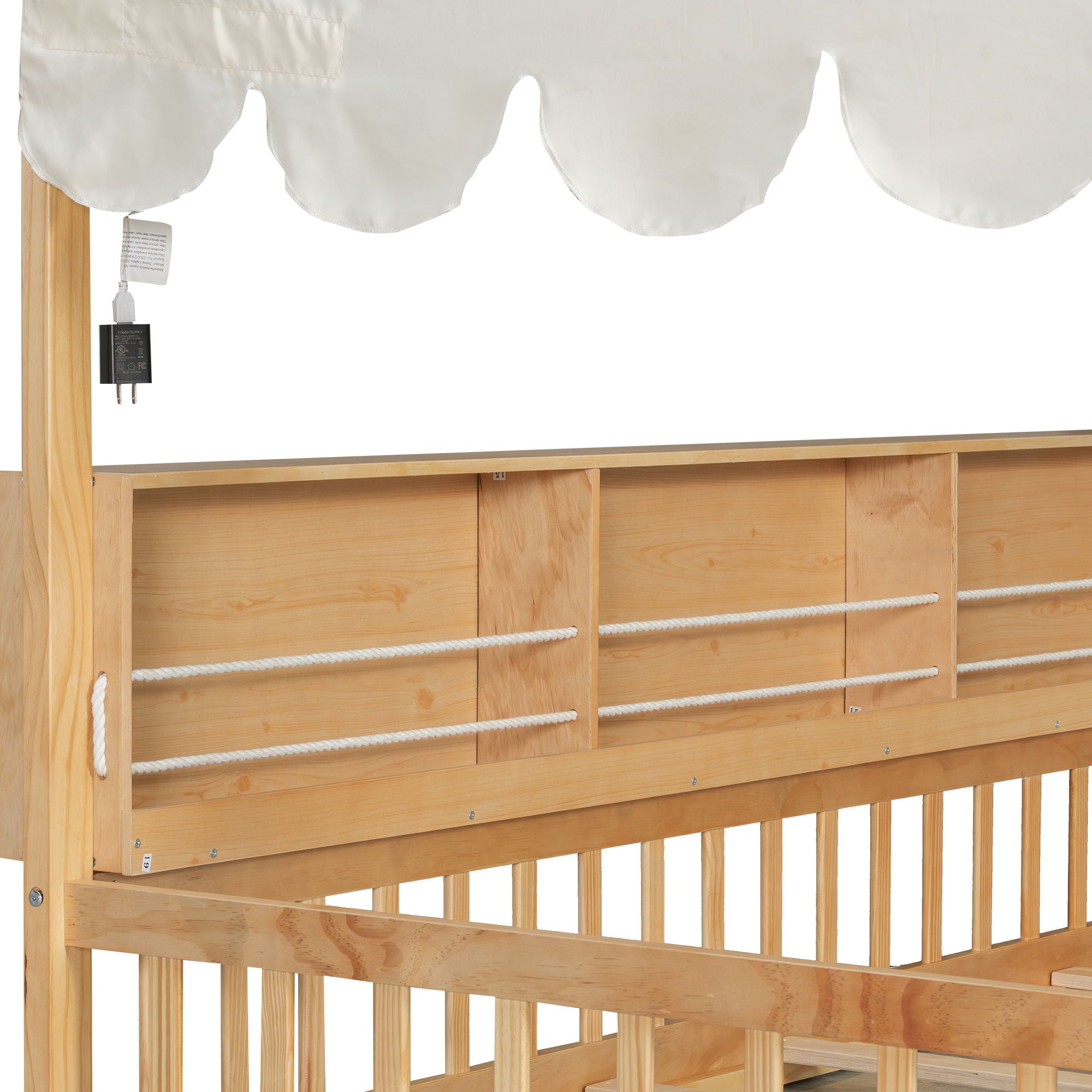 House Shaped Floor Bed With Fense, 3 Storage Bookshelves, Curtain And LED Light