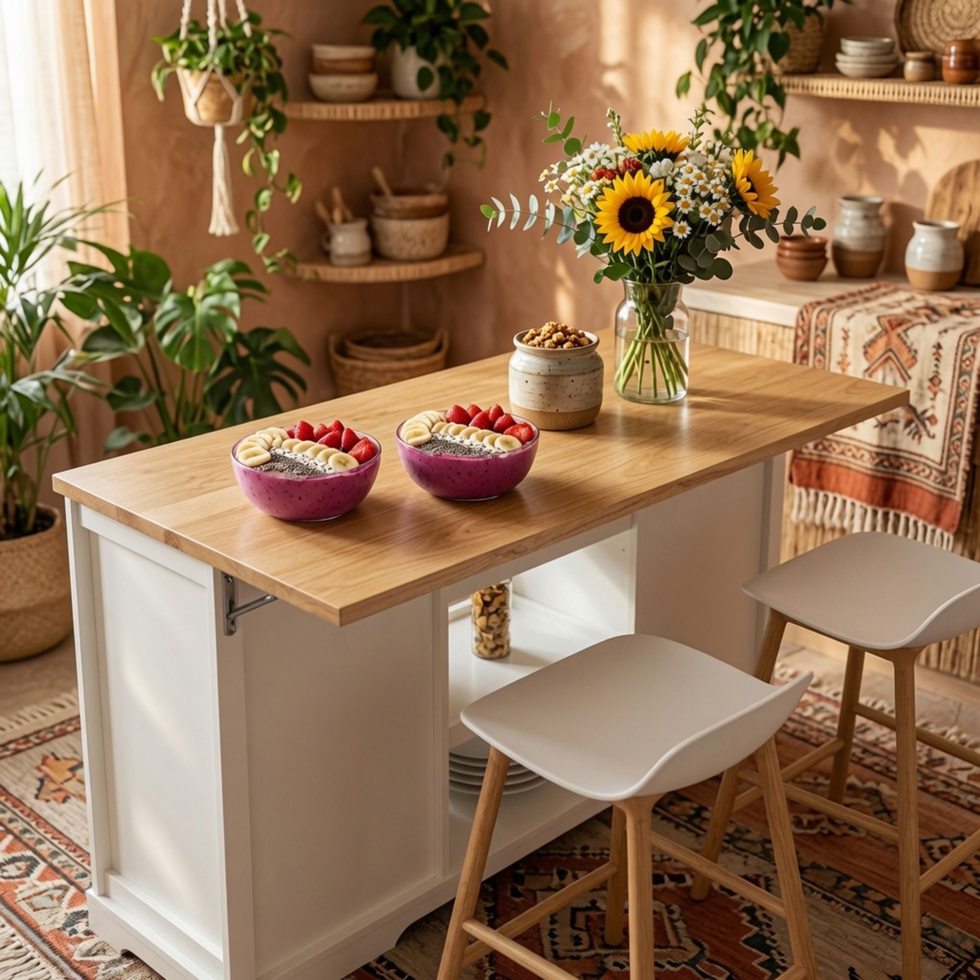 Drop Leaf Kitchen Island With Storage, Power Outlet & Pet Bowl Drawer - White / Light Oak