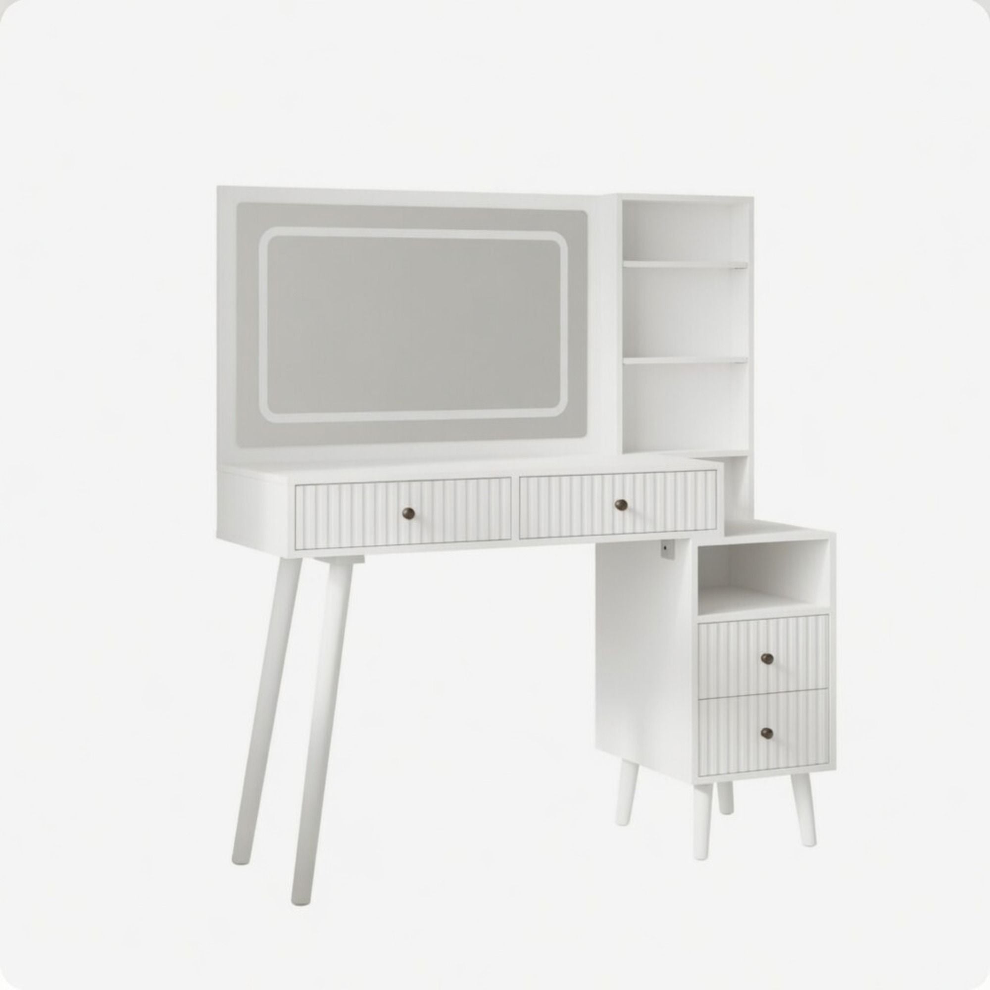 Fluted Vanity Desk With Lighted Mirror & Outlet 4 Drawer, Makeup Table - White