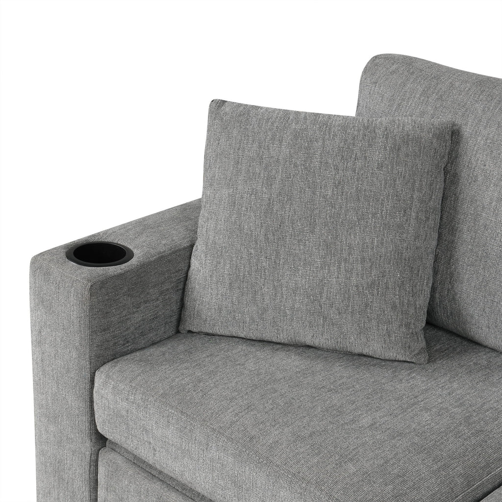 Modern 2 Seater Loveseat Sofa With Pull-Out Bed, Fabric, Built-In USB Ports & Cup Holders