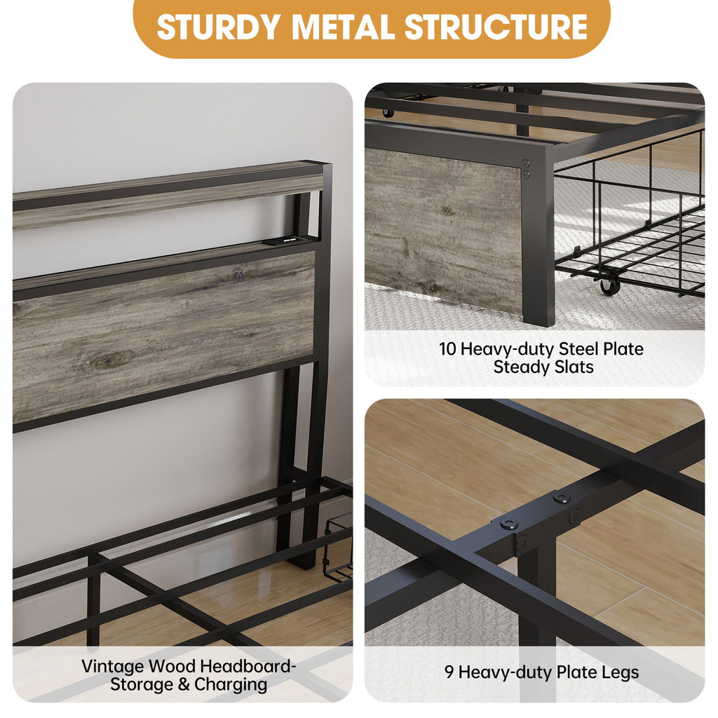 Bed Frame With Headboard, LED Lights & Charging Station