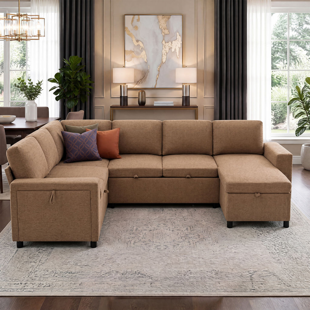U - Shaped Convertible Sectional Sofa Bed With Storage, USB Charger & Cup Holders