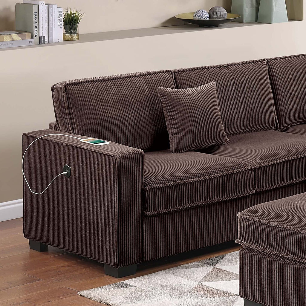 4 Piece Sectional Set With USB Ports, Left Arm Facing / Right Arm Facing Loveseat, Corner Wedge, Cocktail Ottoman, 2 Pillows - Chocolate
