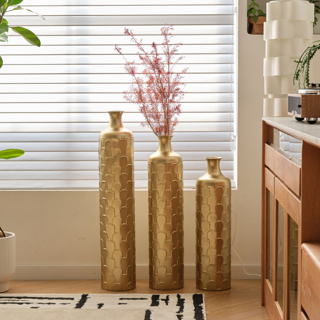 Floor Metal Vases Decorated White Metal Vases (Set of 3) Gorgeous Home Decoration Large Glazed Metal Vases - Golden