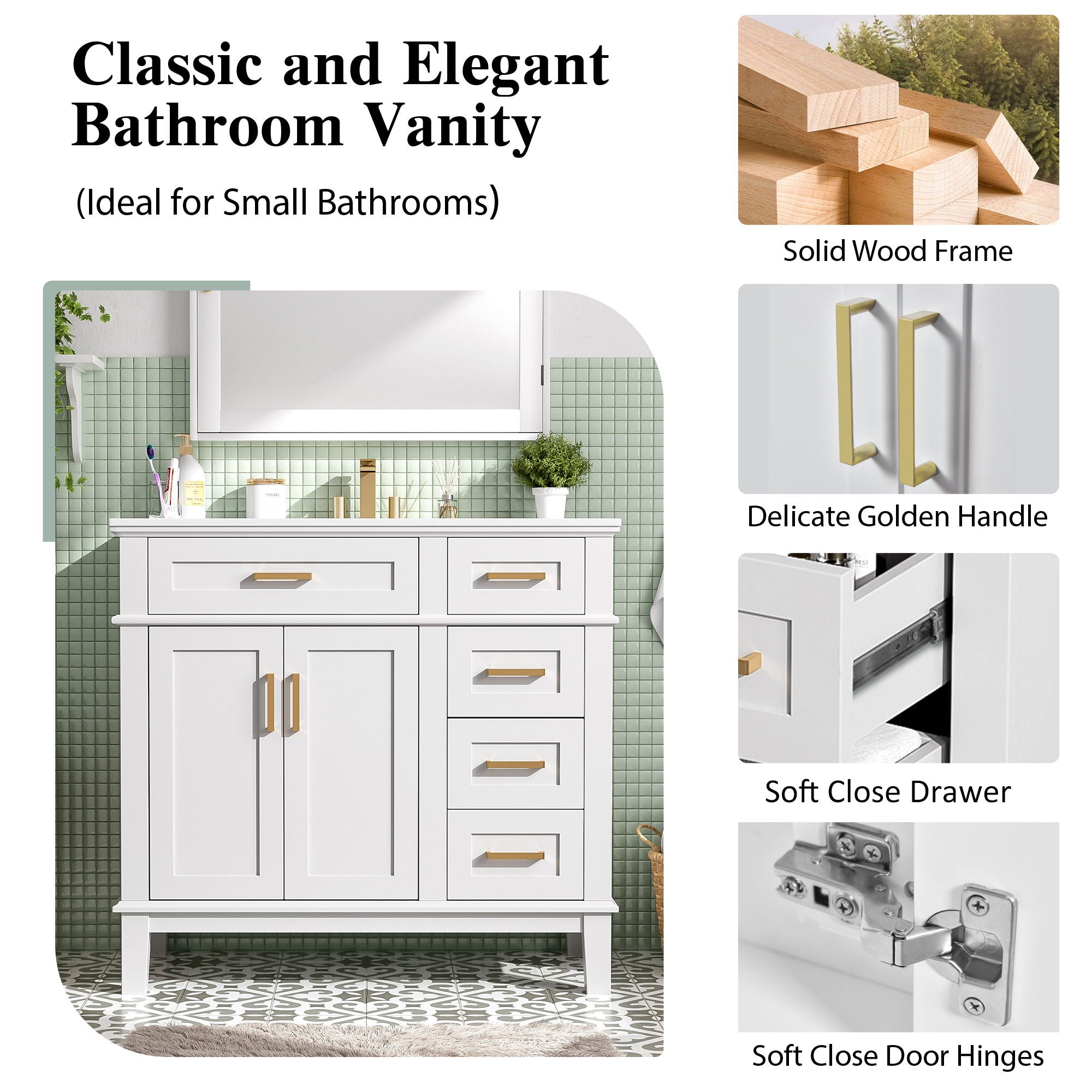 Modern Bathroom Vanity With Sink, Soft Close Doors, 4 Storage Drawers