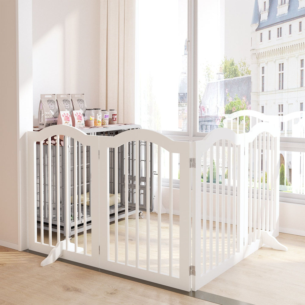 4 Panel Freestanding Pet Gate With Foldable Design And Support Feet - White