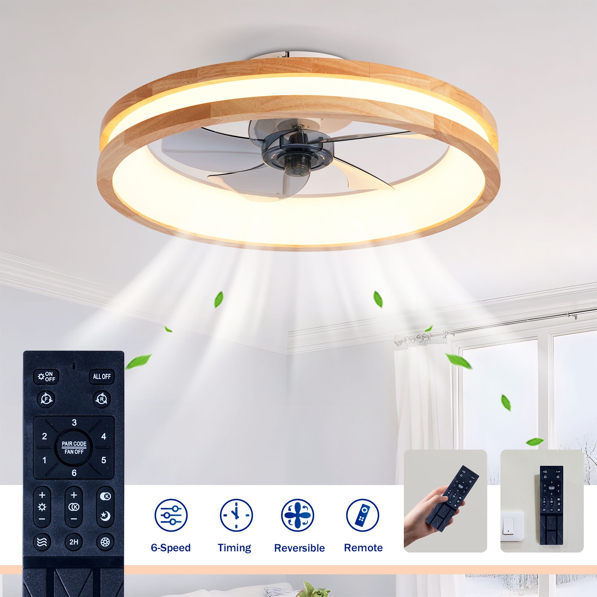 Ceiling Fans With LED Light Source And Remote Control, 3000 - 6500K Dimmable, 6 Speeds, Quiet DC Motor For Living Room - Natural Wood / White