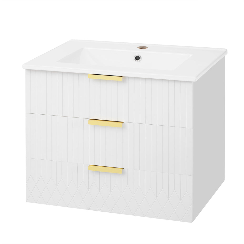 Wall Mounted Floating Cabinet With Double Drawer, Rectangular Sink