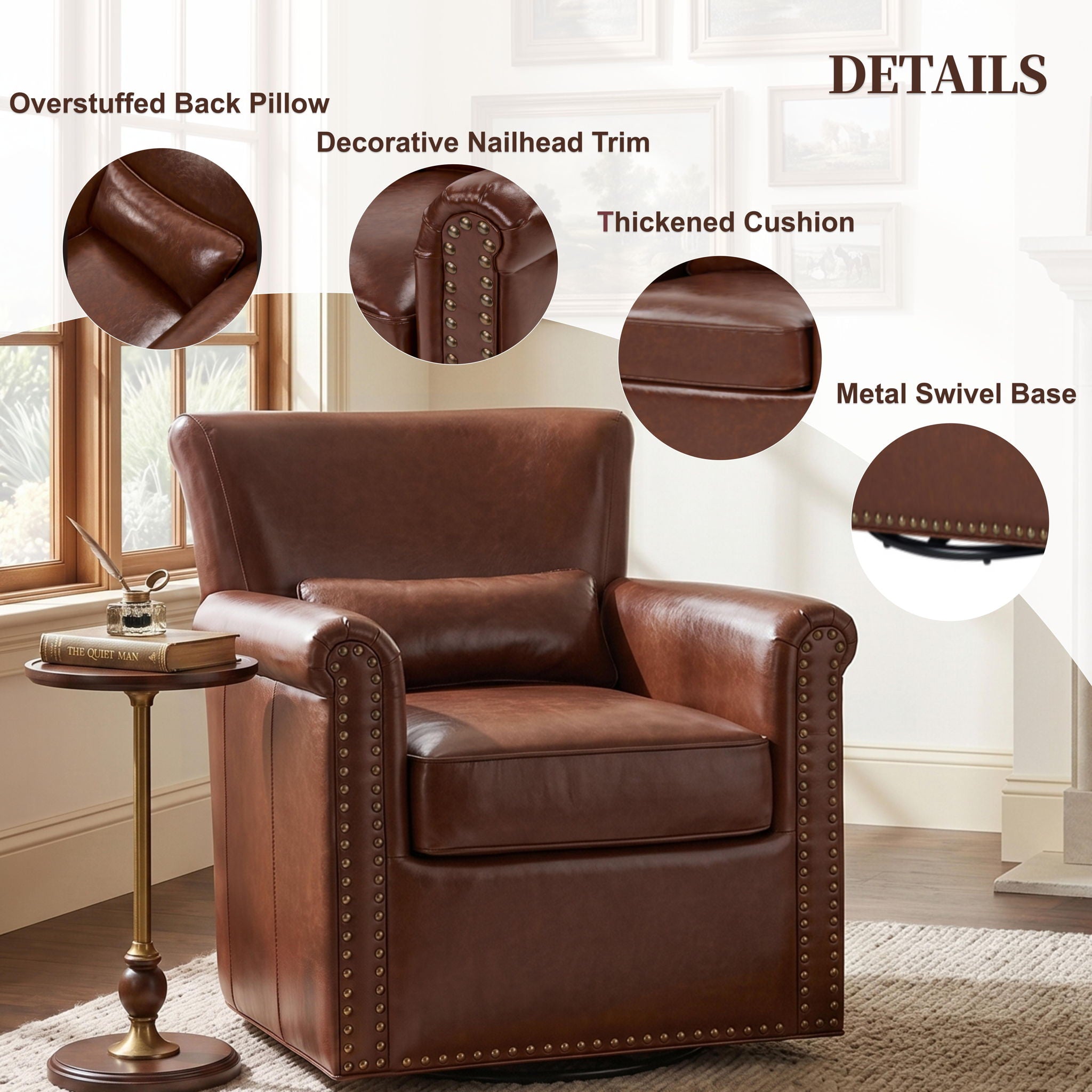 Swivel Accent Chair With Rolled Arm, Sewn Pillow Back, Nailhead Trim For Living Room