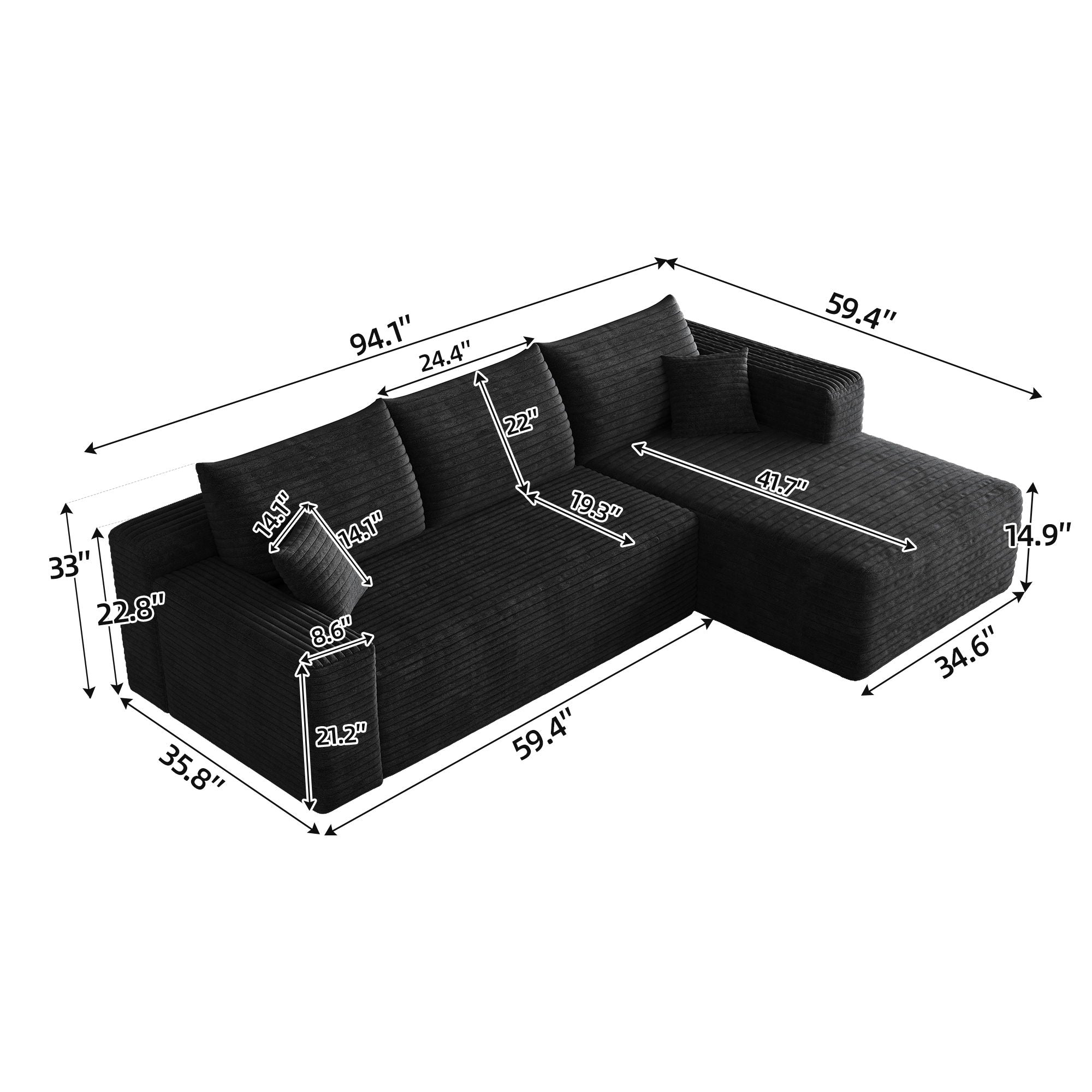 Cloud Sectional Sofa, Comfort U-Shaped Sofa For Living Room - Black
