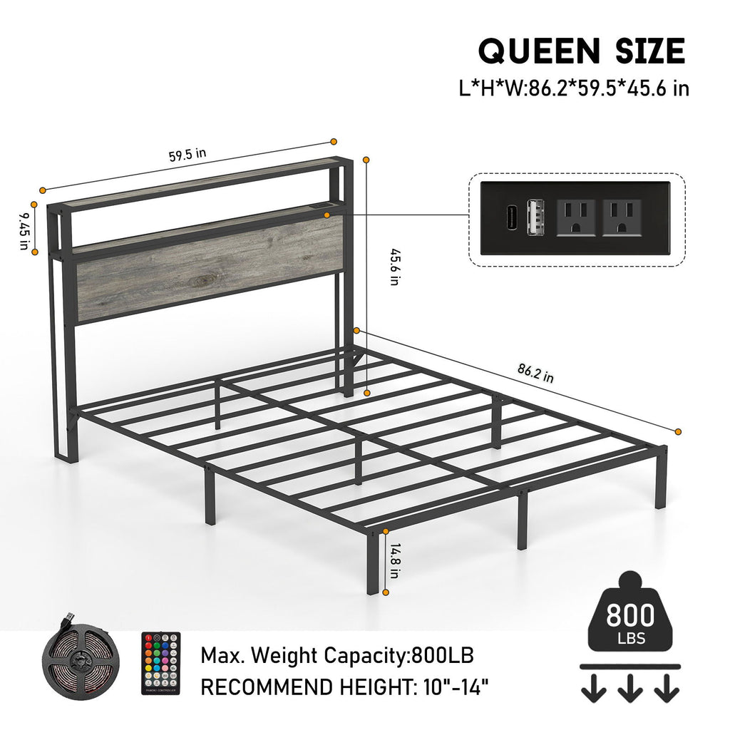 Bed Frame With Headboard, LED Lights & Charging Station