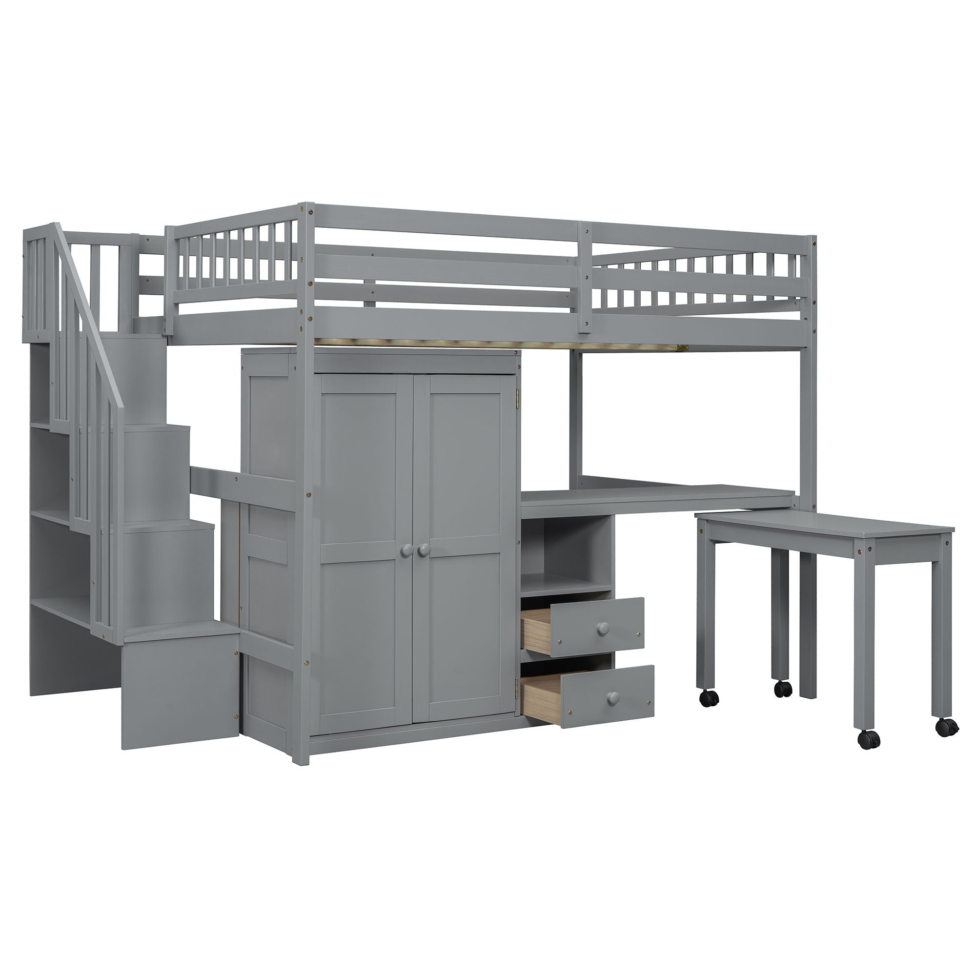 Loft Bed With Stairs, Bookshelf, Drawers, Desk & Wardrobe, Space Saving Multifunctional Furniture