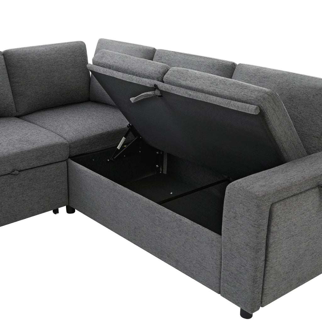 U - Shaped Convertible Sectional Sofa Bed With Storage, USB Charger & Cup Holders