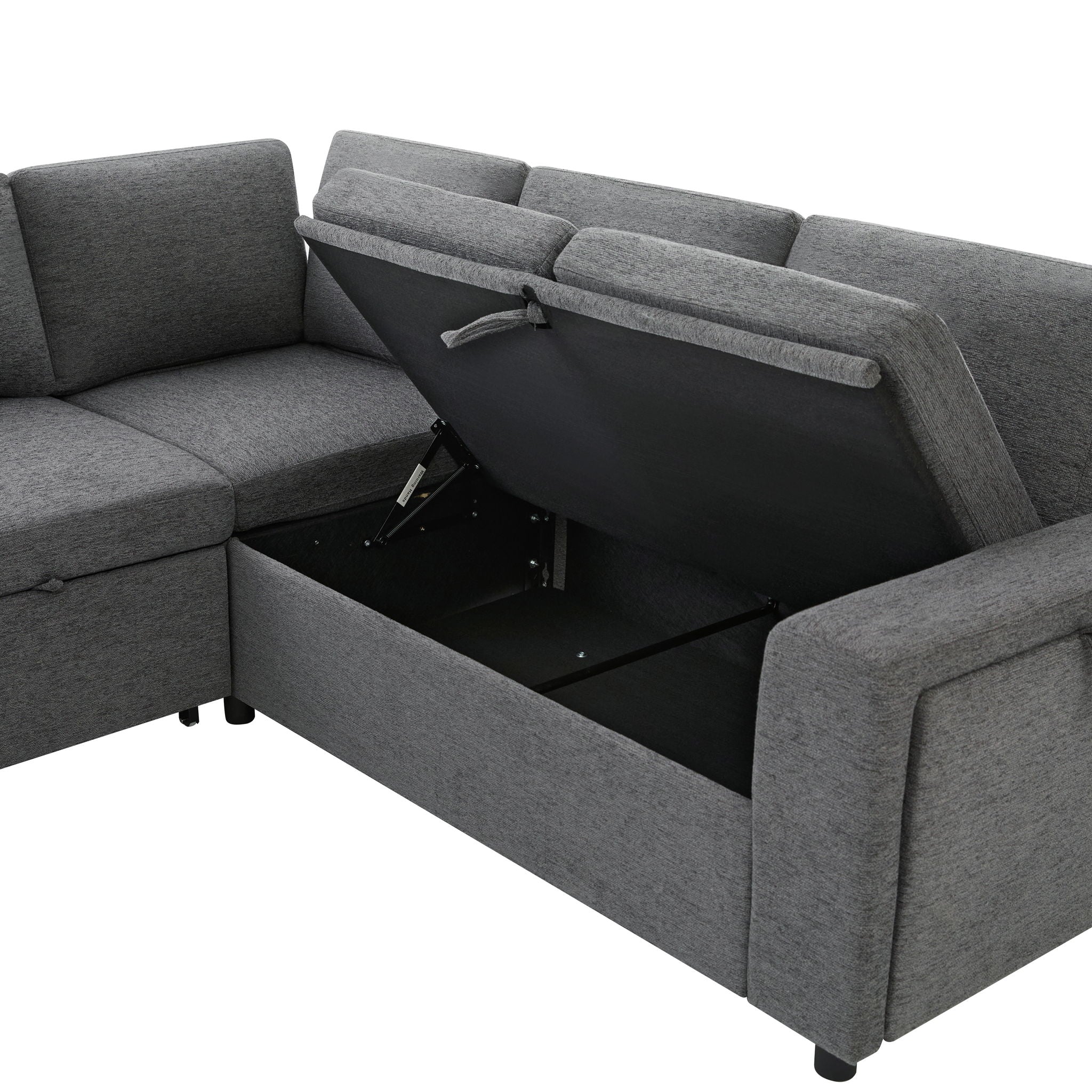 U - Shaped Convertible Sectional Sofa Bed With Storage, USB Charger & Cup Holders
