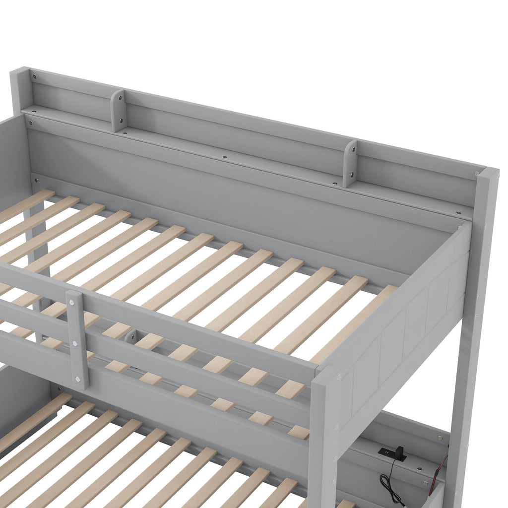 Bunk Bed With Storage Shelves, LED Lighting, Charging Station And Drawer