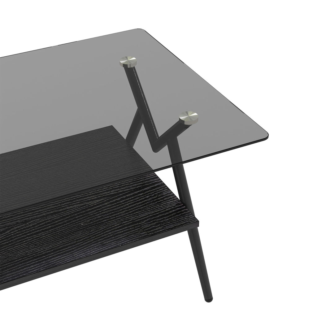 Rectangle Coffee Table With Tempered Glass Top And Shelf, Modern Table For Living Room