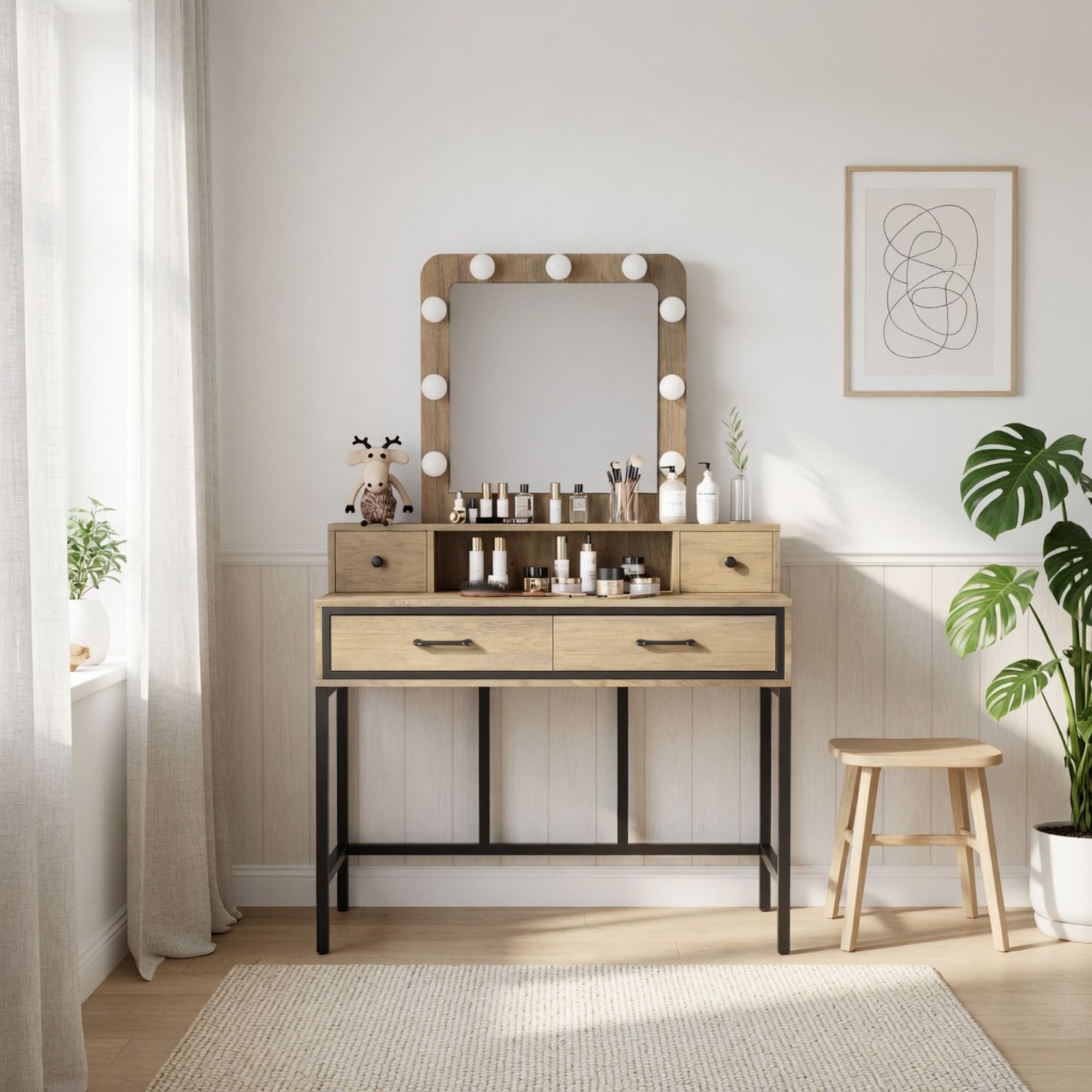 Vanity Desk With 3 Color Lighted Mirror And 4 Drawers