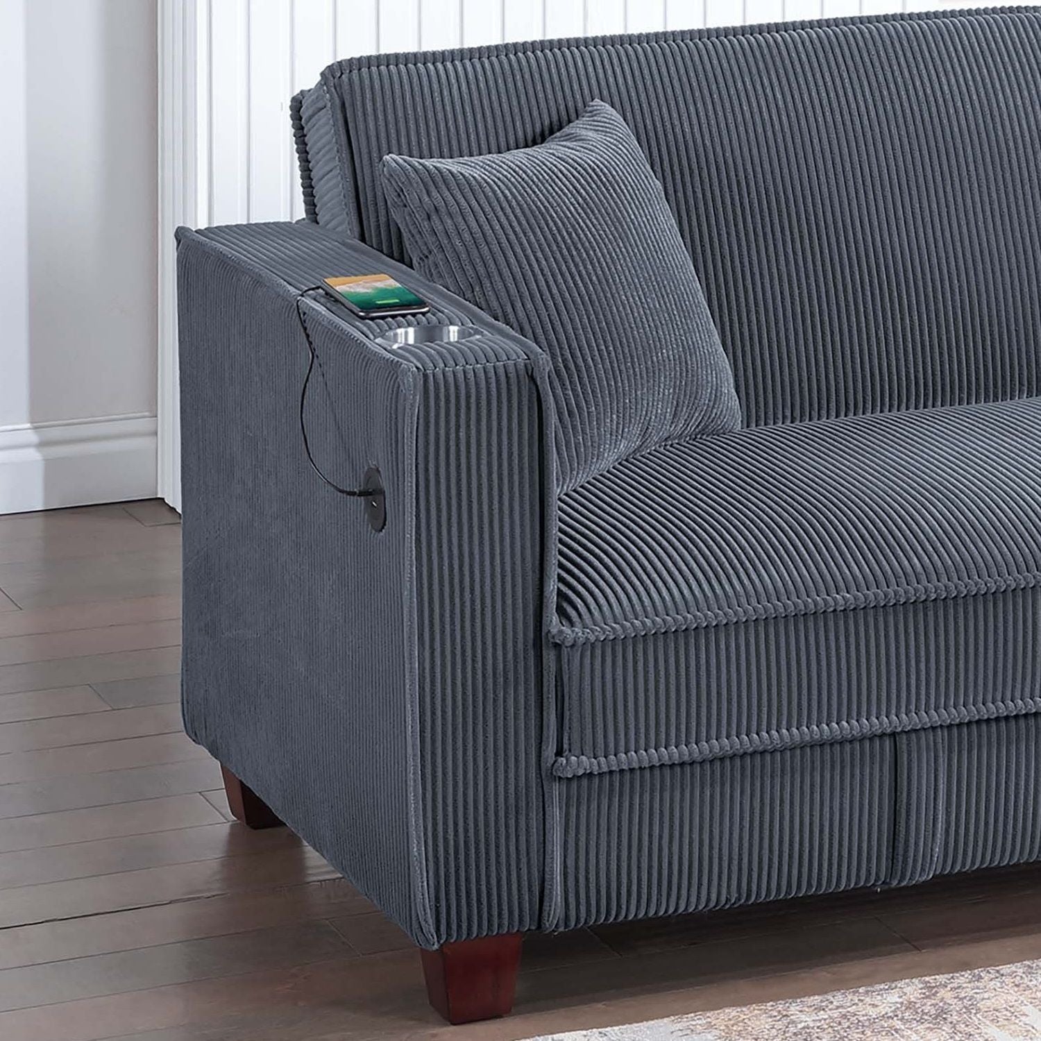 Modern Convertible Sofa With Hidden Storage USB Port, Cup Holder