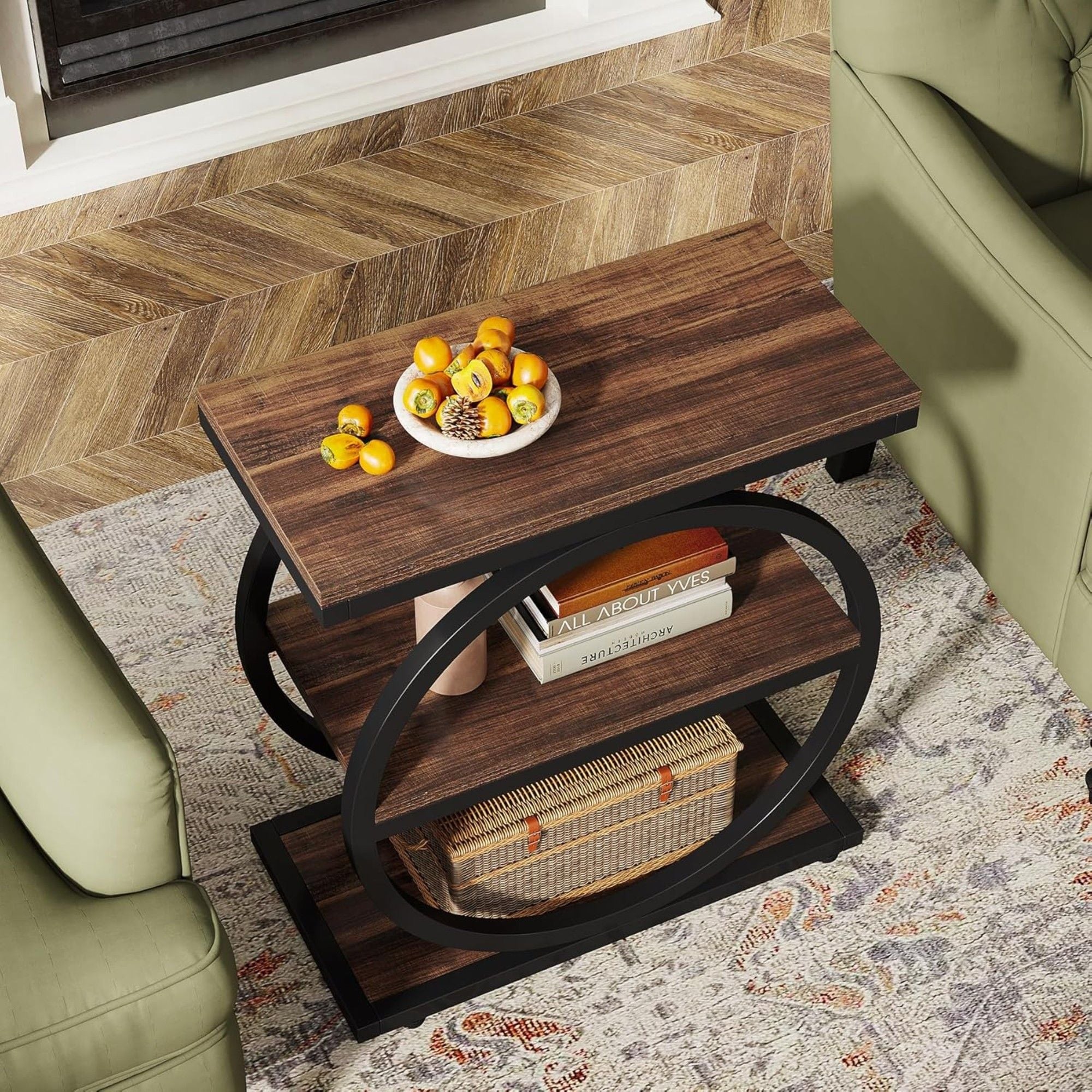Slim End Tables With 3 Shelves, Compact (Set of 2) - Brown